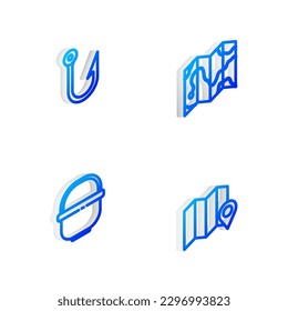 Set Isometric line Location of the forest on map, Fishing hook, Camping pot and  icon. Vector