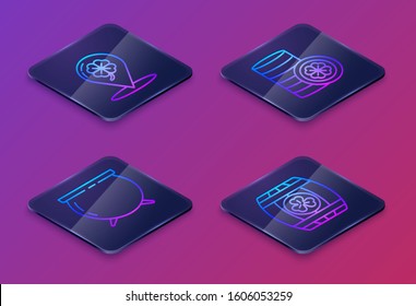 Set Isometric line Location and four leaf clover, Witch cauldron, Gold coin with four leaf clover and Wooden barrel with four leaf clover. Blue square button. Vector