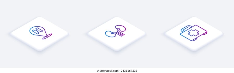 Set Isometric line Location hospital, Human kidneys and First aid kit. White square button. Vector
