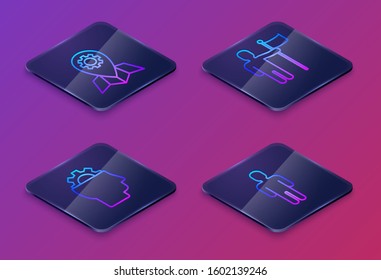 Set Isometric line Location job, Human with gear inside, Man holding flag and User of man in business suit. Blue square button. Vector