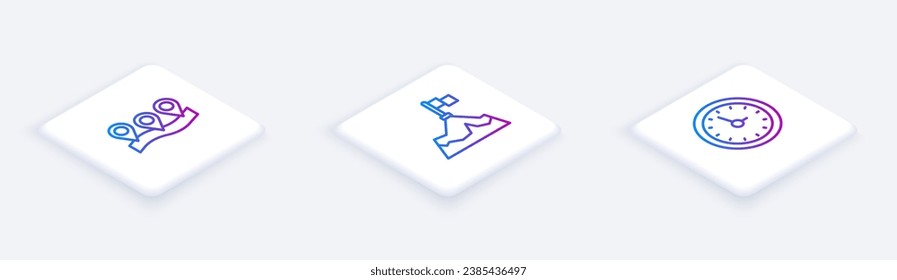 Set Isometric line Location, Mountains with flag and Clock. White square button. Vector