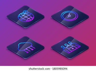 Set Isometric line Location on the globe, Network cloud connection, Clock and Online class. Blue square button. Vector