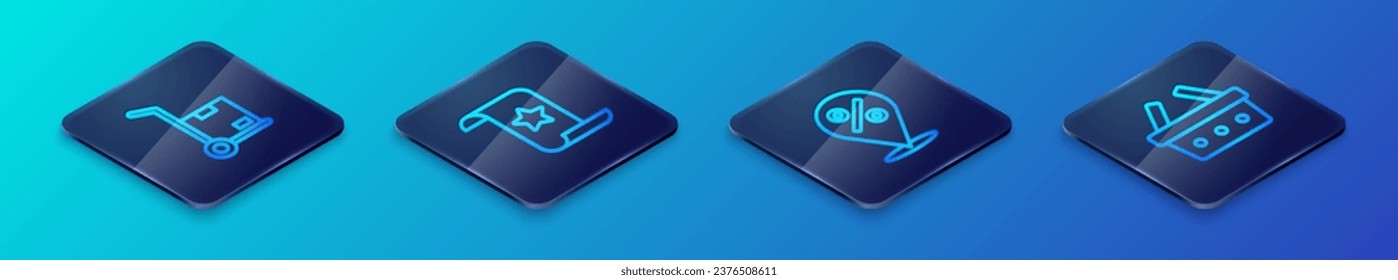 Establezca la posición de la línea isométrica con el porcentaje, el camión de mano y las cajas, la cesta de compras y el icono de verificación financiera de papel. Vector