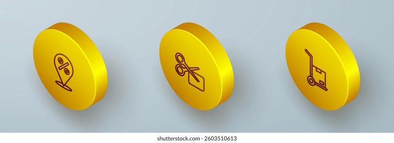 Set Isometric line Location with percent, Scissors cuts discount coupon and Hand truck and boxes icon. Vector