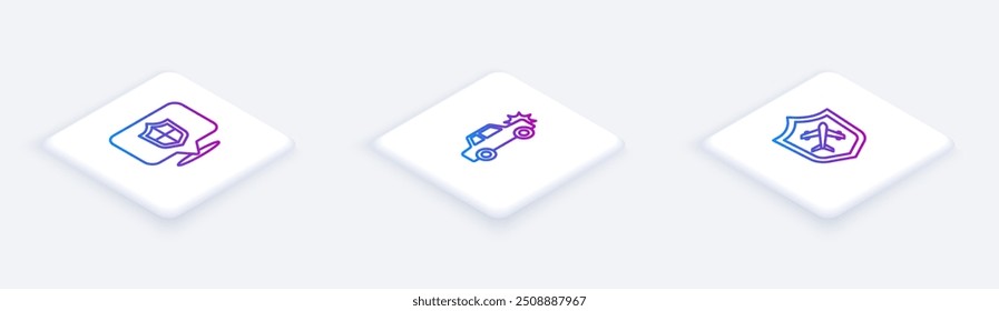 Defina Isometric line Location shield, Car and Plane com. Botão quadrado branco. Vetor