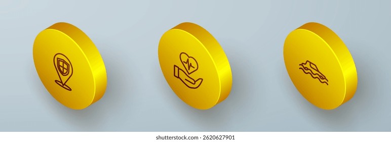 Definir Isometric linha Escudo de localização, Seguro de vida em mãos e ícone do carro de inundação. Vetor