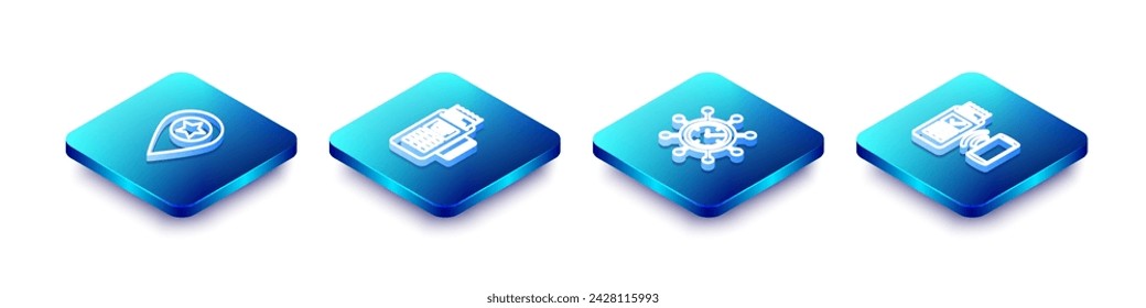 Set Isometric line Location with star, POS terminal, Clock and gear and  icon. Vector
