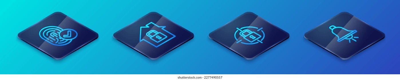 Set Isometric line Lock, Fingerprint, Ringing alarm bell and House under protection icon. Vector