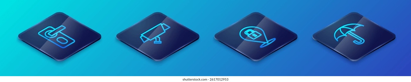 Set Isometric line Lock, Fingerprint door lock, Umbrella and Security camera icon. Vector