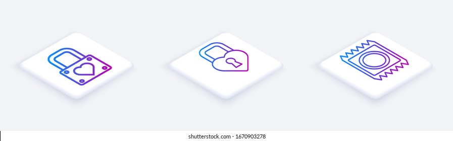 Set Isometric line Lock and heart, Castle in the shape of a heart and Condom in package. White square button. Vector