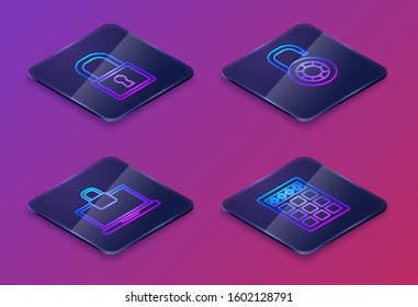 Set Isometric line Lock , Laptop and lock , Safe combination lock wheel  and Password protection and safety access . Blue square button. Vector