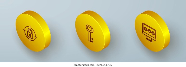 Set Isometric line Lock, Old key and Monitor with password icon. Vector