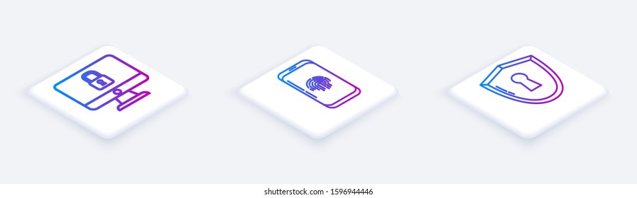 Set Isometric line Lock on computer monitor screen, Smartphone with fingerprint scanner  and Shield with keyhole . White square button. Vector