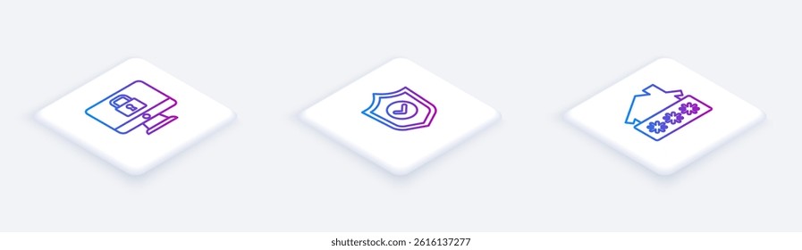 Set Isometric line Lock on monitor, Shield with check mark and House password. White square button. Vector