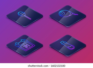 Set Isometric line Lollipop , Calendar with Halloween date 31 october , Eye  and Bottle with potion . Blue square button. Vector