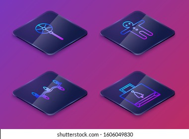 Set Isometric line Lollipop, Christmas lights, Holiday gingerbread man cookie and Christmas paper shopping bag. Blue square button. Vector