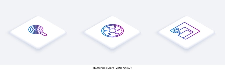 Set Isometric line Lollipop, Donut and Electric mixer. White square button. Vector