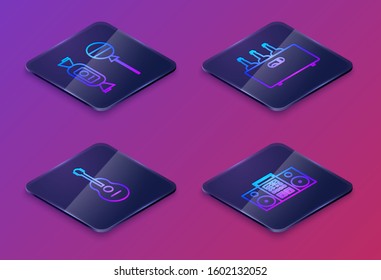 Set Isometric line Lollipop , Guitar , Bottles of wine in a wooden box  and Home stereo with two speakers . Blue square button. Vector