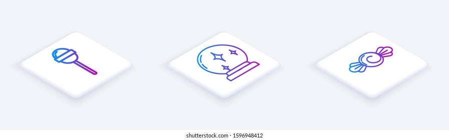 Set Isometric line Lollipop , Magic ball  and Candy . White square button. Vector
