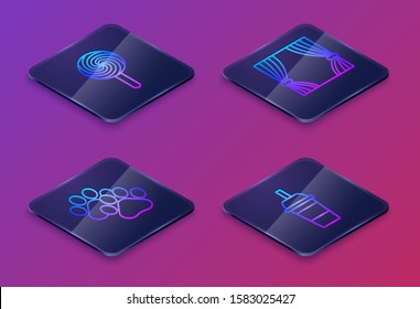 Set Isometric line Lollipop, Paw print, Curtain and Paper glass with drinking straw and water. Blue square button. Vector