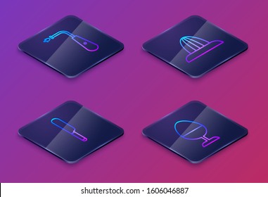 Set Isometric line Long electric lighter, Knife, Citrus fruit juicer and Chicken egg on a stand. Blue square button. Vector
