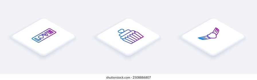 Set Isometric line Love text, Wedding cake with heart and Heart wings. White square button. Vector