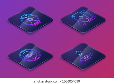 Set Isometric line Lucky wheel, Casino chips, Playing card with diamonds and Hand holding money bag. Blue square button. Vector