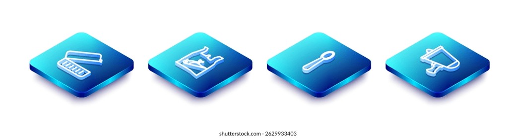 Fije la línea isométrica Caja de almuerzo, pájaro muerto, plástico, cuchara desechable y difunda la palabra, icono del megáfono. Vector