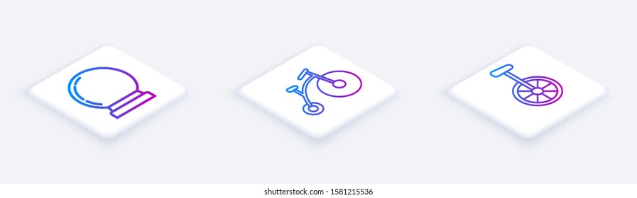 Set Isometric line Magic ball, Vintage bicycle with one big wheel and one small and Unicycle or one wheel bicycle. White square button. Vector