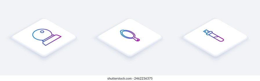 Set Isometrische Linie Magic Ball, Handspiegel und Flasche mit Liebeszauber. Weißes quadratisches Button. Vektorgrafik