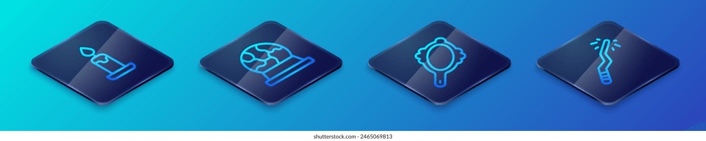 Set Isometric line Magic hand mirror, Burning candle, wand and ball icon. Vector