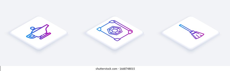 Set Isometric line Magic lamp or Aladdin, Ancient magic book and Witches broom. White square button. Vector