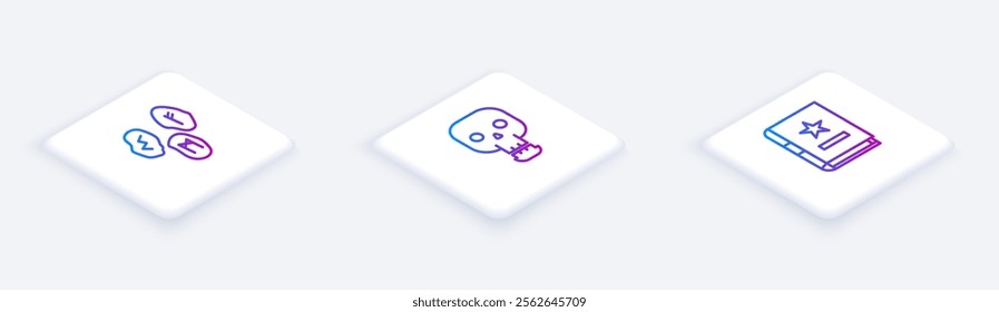 Set Isometric line Magic runes, Skull and Ancient magic book. White square button. Vector