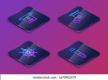 Set Isometric line Magic scroll, Spider web, Magician hat in hand and Bottle with love potion. Blue square button. Vector
