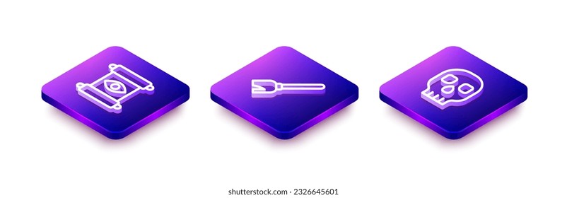 Set Isometric line Magic scroll, Witches broom and Skull icon. Vector