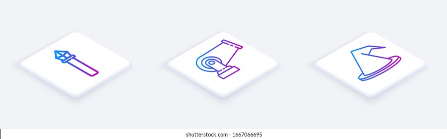 Set Isometric line Magic staff, Cannon and Witch hat. White square button. Vector