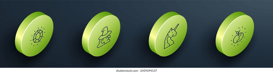 Set Isometric line Magic stone, Witch, Unicorn and Poison apple icon. Vector
