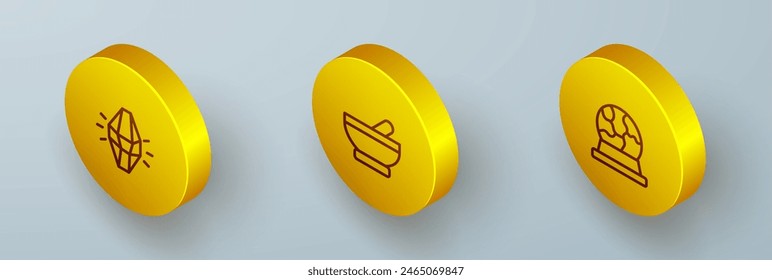 Set Isometric line Magic stone, Witch cauldron and ball icon. Vector