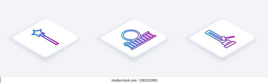 Set Isometric line Magic wand, Roller coaster and High striker attraction with big hammer. White square button. Vector