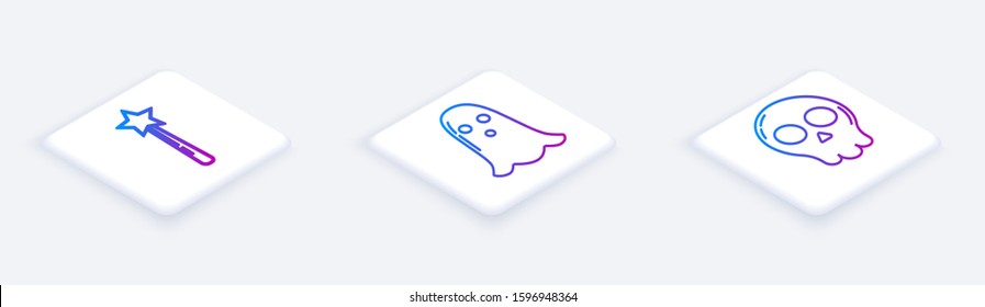 Set Isometric line Magic wand , Ghost  and Skull . White square button. Vector