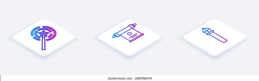 Set Isometric line Magic wand, Magic scroll and Magic staff. White square button. Vector
