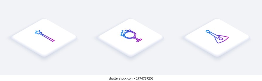 Set Isometric line Magic wand, Circus fire hoop and Balalaika. White square button. Vector