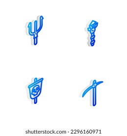 Establecer línea isométrica varita mágica, tridente de Neptuno, bandera pirata e icono de Pickaxe. Vector