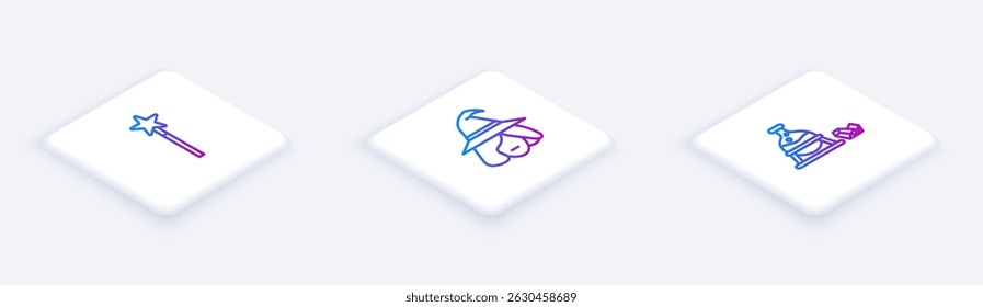 Set Varita mágica de línea isométrica, bruja y piedra mágica de caldero. Botón cuadrado blanco. Vector