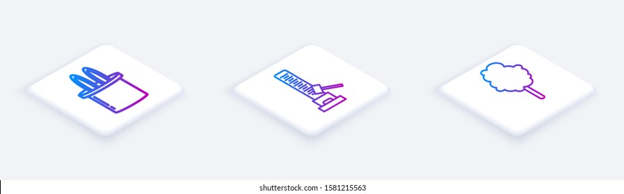 Set Isometric line Magician hat and rabbit ears, High striker attraction with big hammer and Cotton candy. White square button. Vector