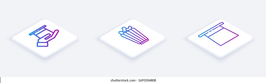 Set Isometric line Magician hat in hand, Popcorn in box and Magician hat. White square button. Vector