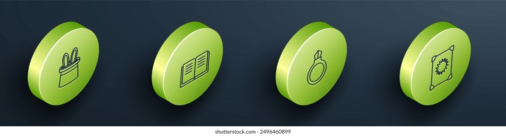 Set Isometric line Magician hat and rabbit ears, Ancient magic book, stone ring with gem and  icon. Vector