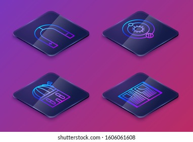 Set Isometric line Magnet, Astronomical observatory, Solar system and Open book. Blue square button. Vector