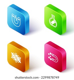 Set Isometric line Magnet with lightning, DNA research, search, Genetic engineering and money icon. Vector