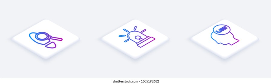 Set Isometric line Magnifying glass with footsteps, Flasher siren and Head with law. White square button. Vector